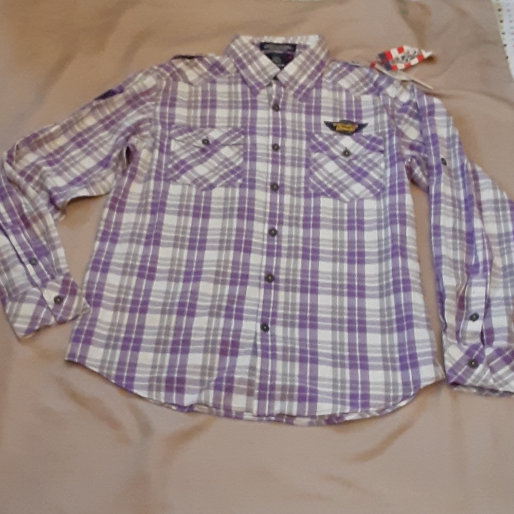 EPIC HERO  PURPLE AND WHITE PLAID TOP,  XL
